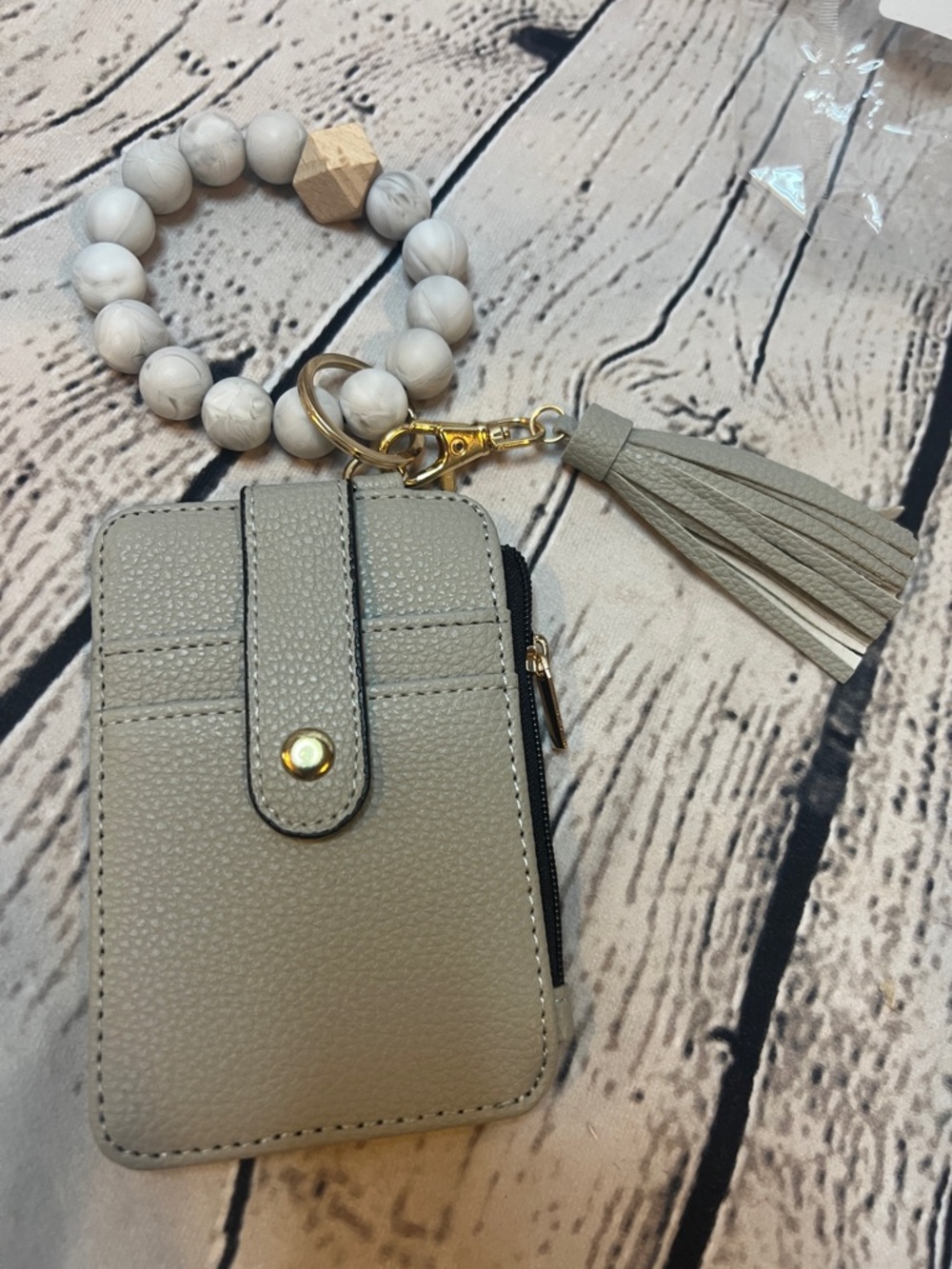 Gray Silicone Beaded Wristlet Card Holder with Tassel